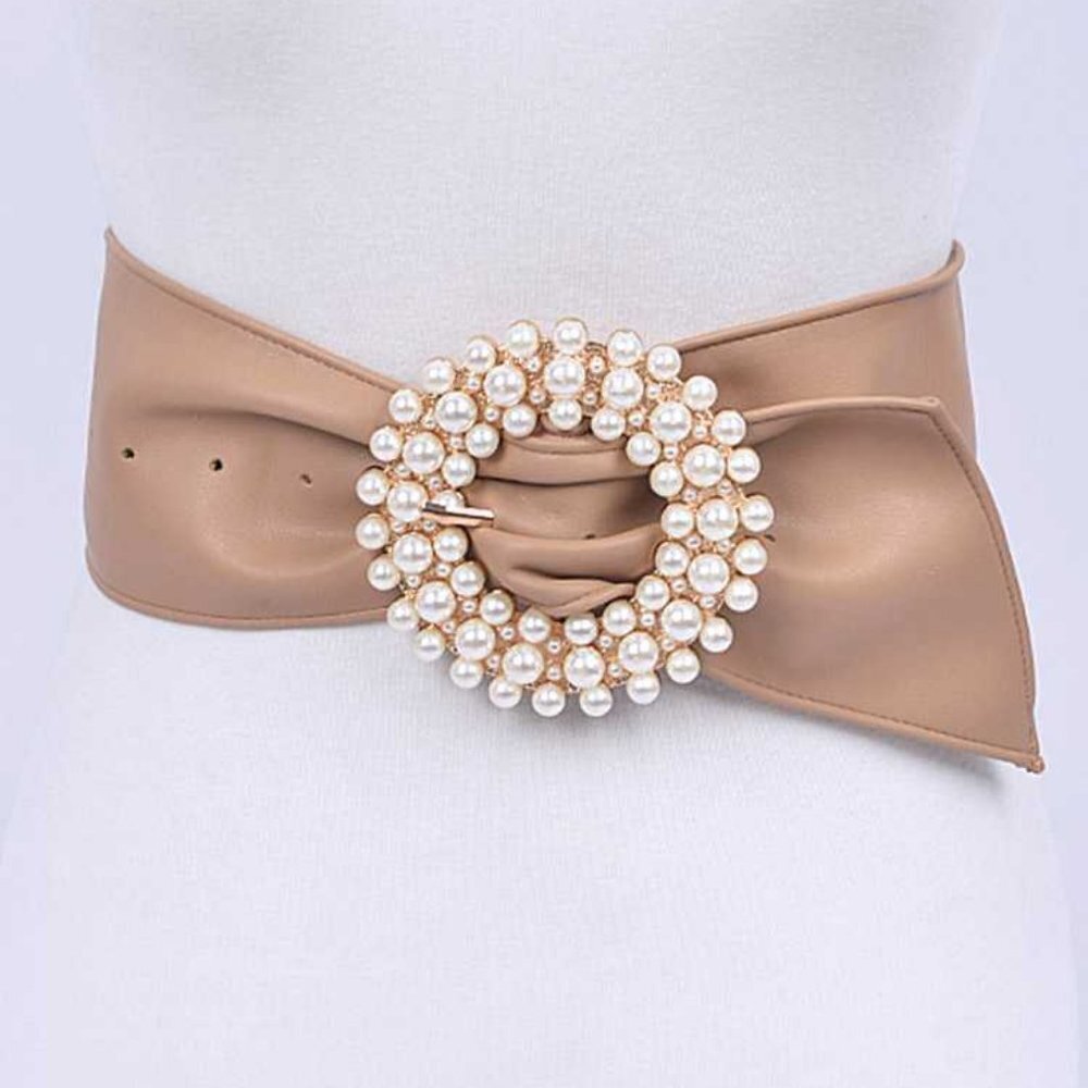 Plus Size Pearl Buckle Faux Leather Belt - Nude
